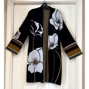 Maxsport Cardigan Sz S Wool Blend Open Sweater Knit Black Floral Long Lagenlook